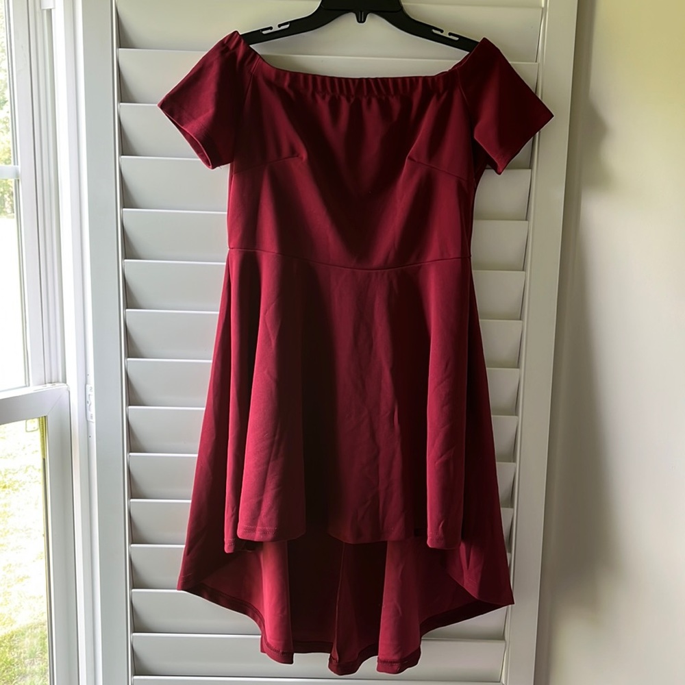 Plum off the shoulder, hi-low midi dress